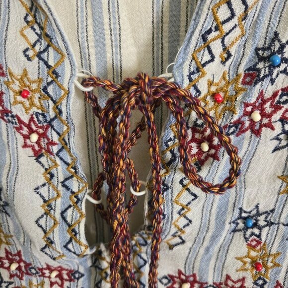 Pull&Bear Bohemian Embroidered Beaded Peasant Top Flowy 1/2 Sleeves Made In Indi - Picture 5 of 6